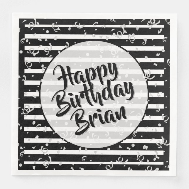Name Happy Birthday Black/White Stripes Pattern Napkin (Front)