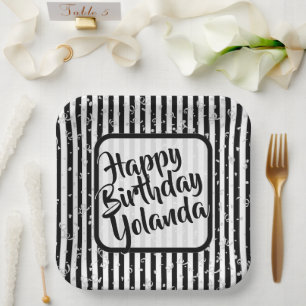 Name Happy Birthday Black White Stripes Pattern Paper Plate