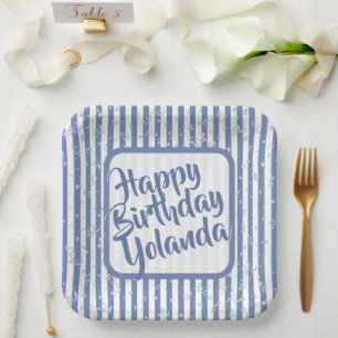 Name Happy Birthday Blue Simple Stripes Pattern Paper Plate