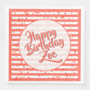 Name Happy Birthday Coral Simple Stripes Pattern Napkin