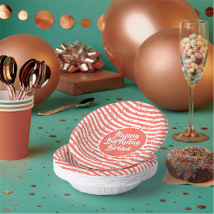Name Happy Birthday Coral Simple Stripes Pattern Paper Plate