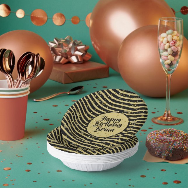 Name | Happy Birthday Gold/White Simple Stripes  Paper Plate (Multi)
