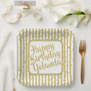 Name Happy Birthday Gold White Stripes Pattern Paper Plate