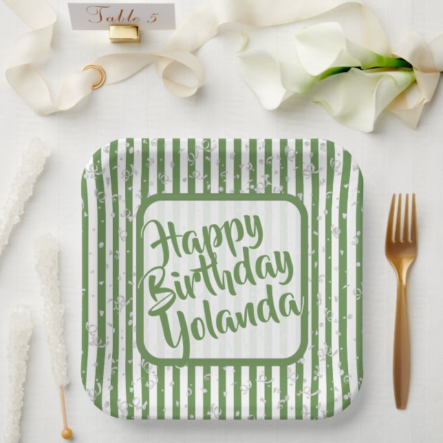 Name Happy Birthday Green Simple Stripes Pattern Paper Plate (Wedding)