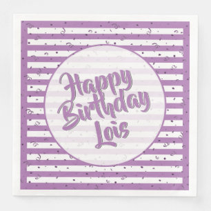 Name Happy Birthday Lavender/White Stripes Pattern Napkin