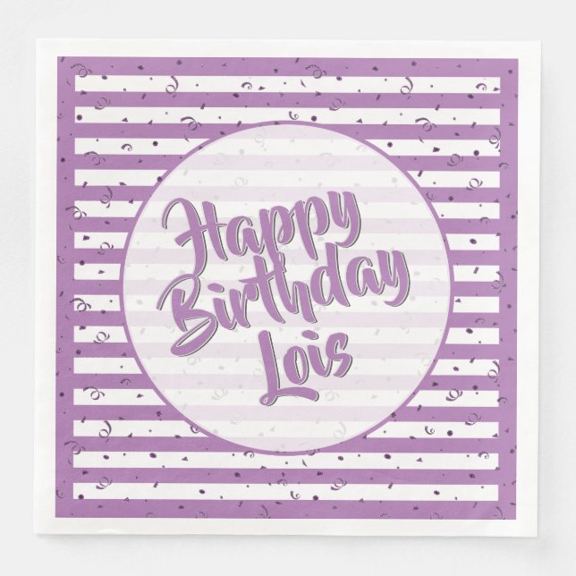 Name Happy Birthday Lavender/White Stripes Pattern Napkin (Front)