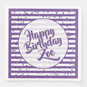Name Happy Birthday Purple Simple Stripes Pattern Napkin
