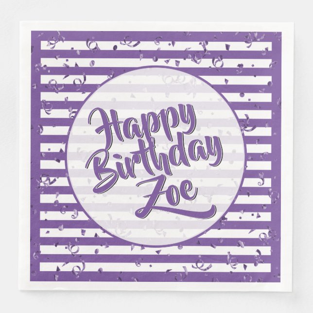 Name Happy Birthday Purple Simple Stripes Pattern Napkin (Front)