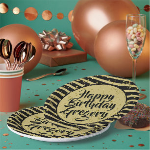 Name   Happy Birthday Simple Stripes Black/Gold Paper Plate