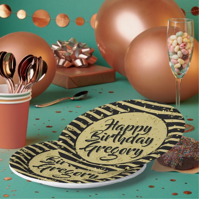 Name | Happy Birthday Simple Stripes Black/Gold Paper Plate (Multi)