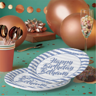 Name   Happy Birthday Simple Stripes Pattern Blue Paper Plate