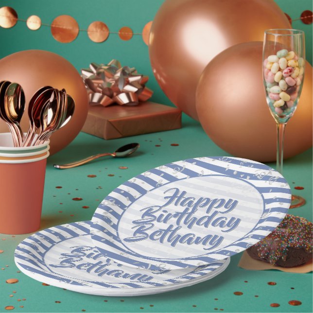 Name | Happy Birthday Simple Stripes Pattern Blue Paper Plate (Multi)