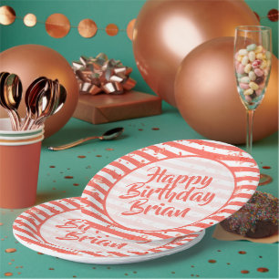 Name   Happy Birthday Simple Stripes Pattern Coral Paper Plate