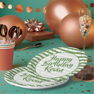Name   Happy Birthday Simple Stripes Pattern Green Paper Plate