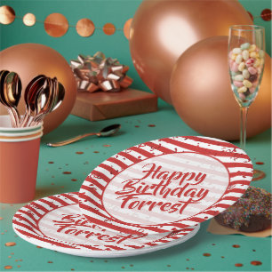 Name   Happy Birthday Simple Stripes Pattern Red Paper Plate