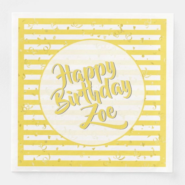 Name Happy Birthday Yellow Simple Stripes Pattern Napkin (Front)