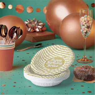 Name Happy Birthday Yellow Simple Stripes Pattern Paper Plate
