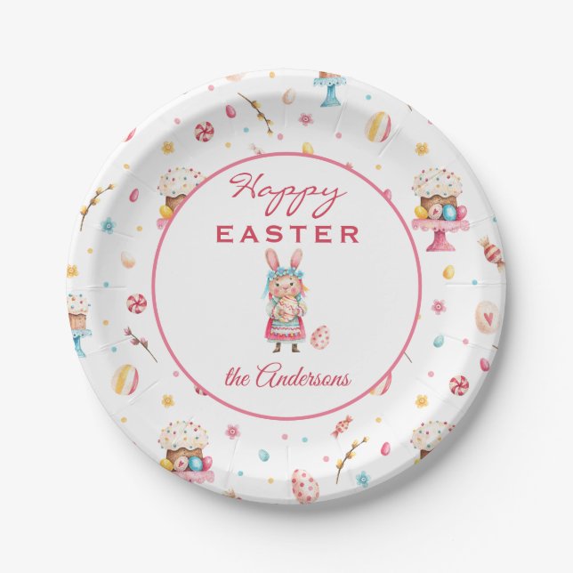 Name, Happy Easter Spring 7-in Round Paper Plates (Front)