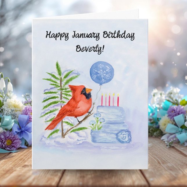 Name Happy January Birthday Cardinal with Cake Card (Creator Uploaded)