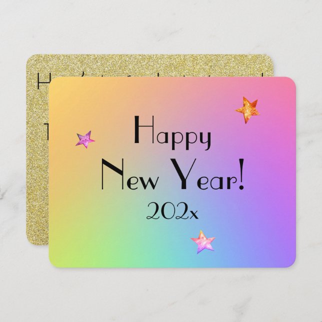 Name || Happy New Year Gradient Rainbow and Gold  Holiday Card (Front/Back)