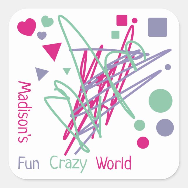 Name Hearts Squares Dots Triangles Fun Crazy World Square Sticker (Front)