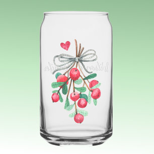 Name, Holiday Watercolor Mistletoe & Berries 16oz Can Glass