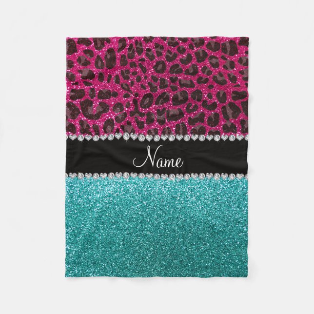Name hot pink glitter leopard turquoise glitter fleece blanket (Front)