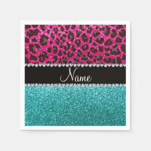 Name hot pink glitter leopard turquoise glitter napkin