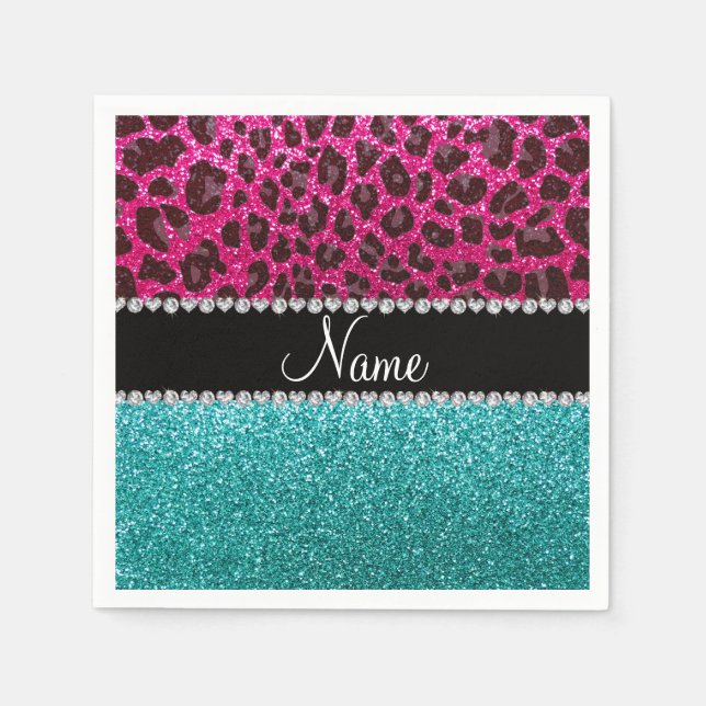 Name hot pink glitter leopard turquoise glitter napkin (Front)