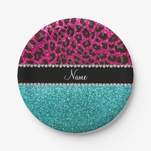 Name hot pink glitter leopard turquoise glitter paper plate