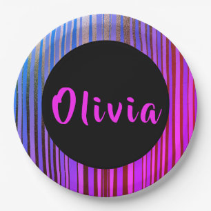 Name Hot Pink Purple Black Gold Birthday Party Paper Plate