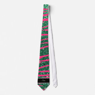 Name hot pink zebra stripes mint green glitter tie
