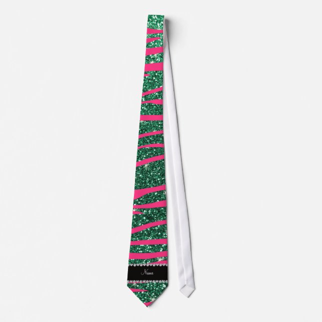 Name hot pink zebra stripes mint green glitter tie (Front)
