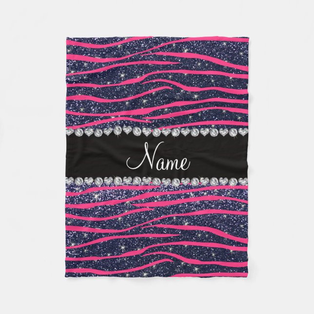 Name hot pink zebra stripes navy blue glitter fleece blanket (Front)