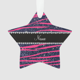 Name hot pink zebra stripes navy blue glitter ornament