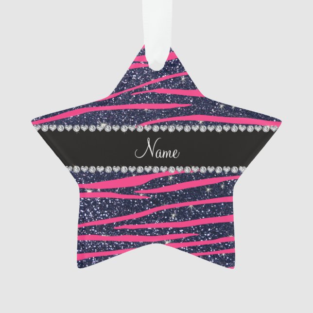 Name hot pink zebra stripes navy blue glitter ornament (Front)
