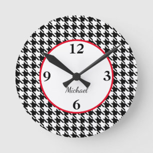 Name, Houndstooth Pattern Red Accent Acrylic Round Clock