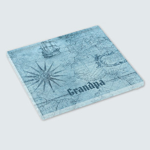 Name, Illustrated Vintage Blue Old-World Map Glass Coaster