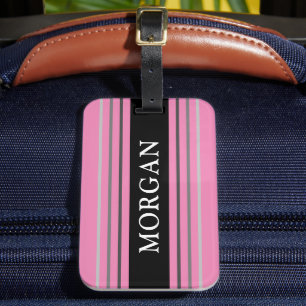 Name in White, Black & Grey Stripes, Pink Luggage Tag