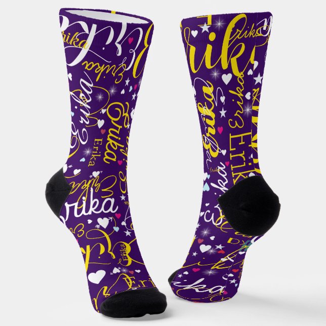 Name in Yellow, Splattered Cute Hearts and Stars  Socks (Angled)