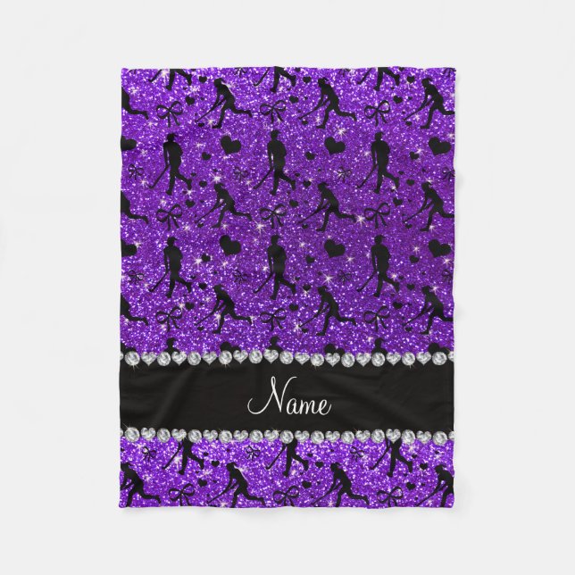 Name indigo purple glitter field hockey hearts bow fleece blanket (Front)
