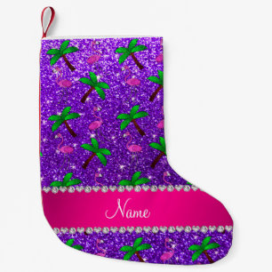 Name indigo purple glitter flamingos palm trees small christmas stocking