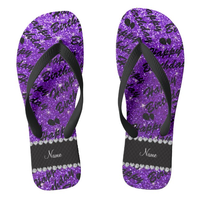 Name indigo purple glitter happy birthday balloons flip flops (Footbed)