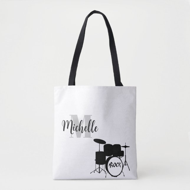 name, initial & black Drums music tote bag (Front)