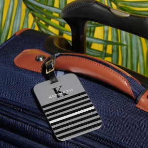 Name, Initial Black & Grey Stripe Masculine Luggage Tag