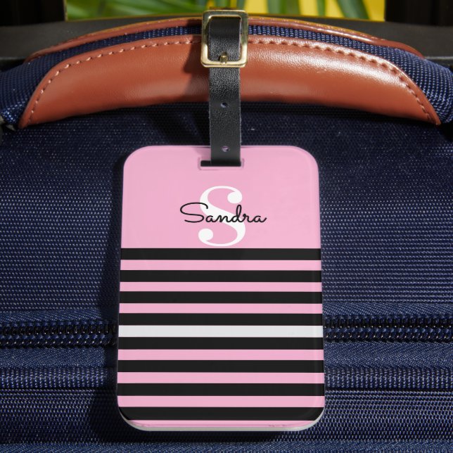 Name, Initial Black & Pink Stripe Chic Luggage Tag (Front Insitu 2)