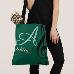Name, initial & black treble clef green music tote bag
