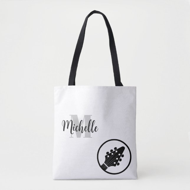 name, initial & black treble clef music tote bag (Front)
