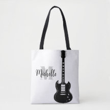 name, initial & black treble clef music tote bag