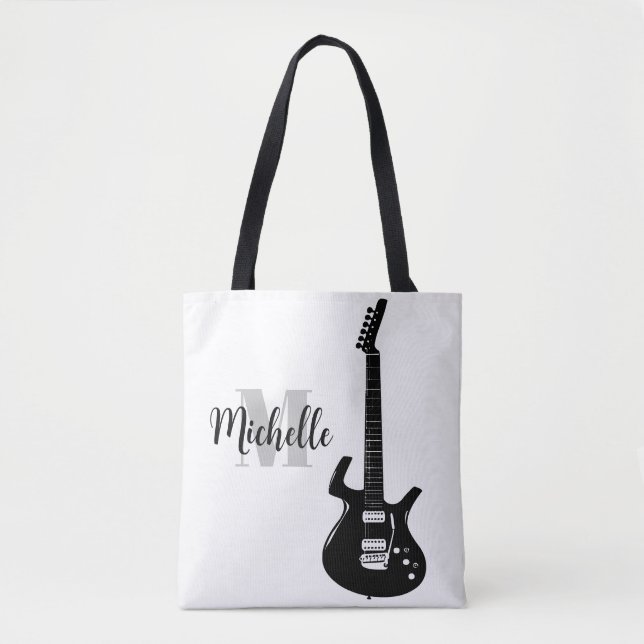 name, initial & black treble clef music tote bag (Front)